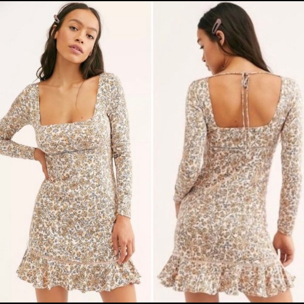 NWT Free People Boheme Floral Long Sleeve Mini Dress Size 8 Ivory
